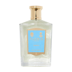 Floris - Sirena Parfumflakon mit klarem Glas, hellblauem Etikett und goldenem Verschluss vor weißem Hintergrund