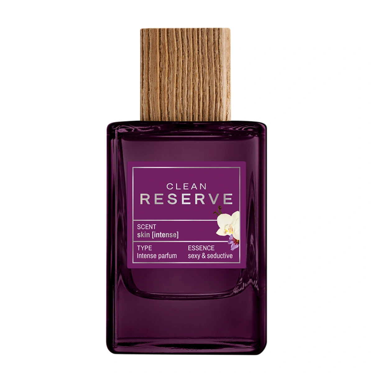 Clean Perfume - Reserve - Skin Intense Parfumflakon in tiefem Lila mit Holzdeckel und zartem Orchideendetail vor weißem Hintergrund