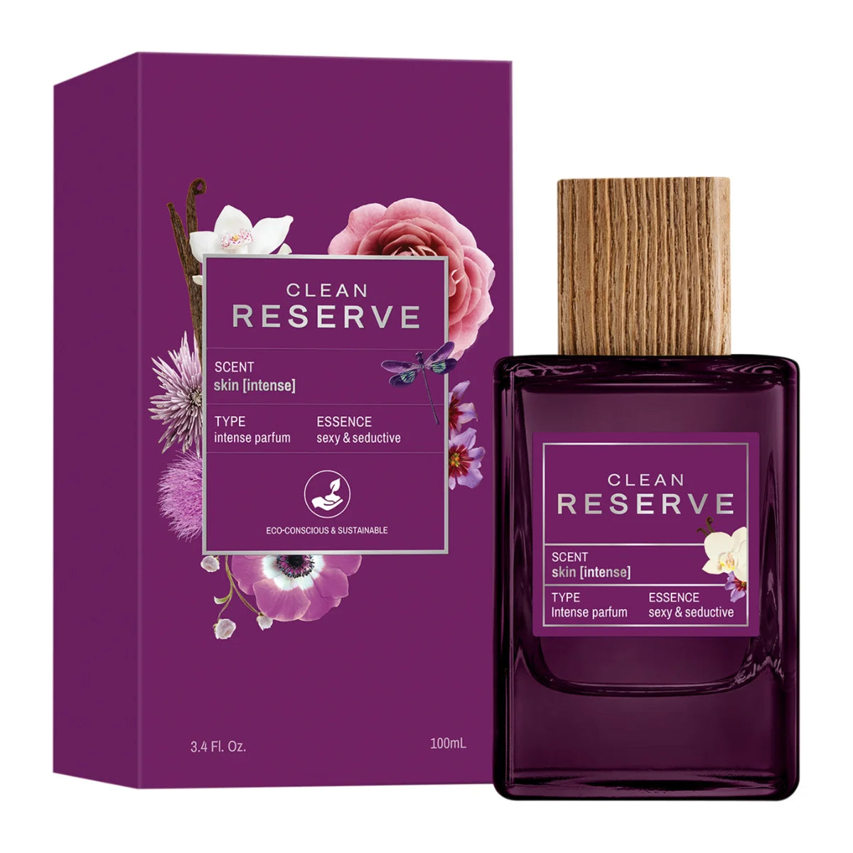 Clean Perfume - Reserve - Skin Intense Parfumflakon in tiefem Violett mit Holzdeckel und floralen Details vor weißem Hintergrund