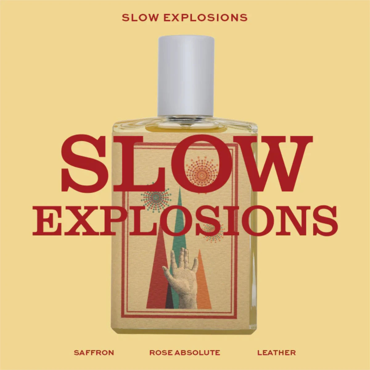 Imaginary Authors - Slow Explosions Parfumflakon mit kreativem Design und weißem Verschluss vor farbigem Hintergrund