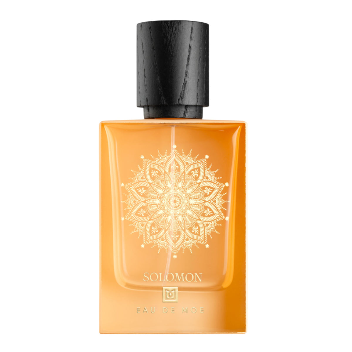 Eau De Moe - Solomon Parfumflakon in warmem Bernstein mit filigranem Mandala-Motiv und schwarzem Holzverschluss