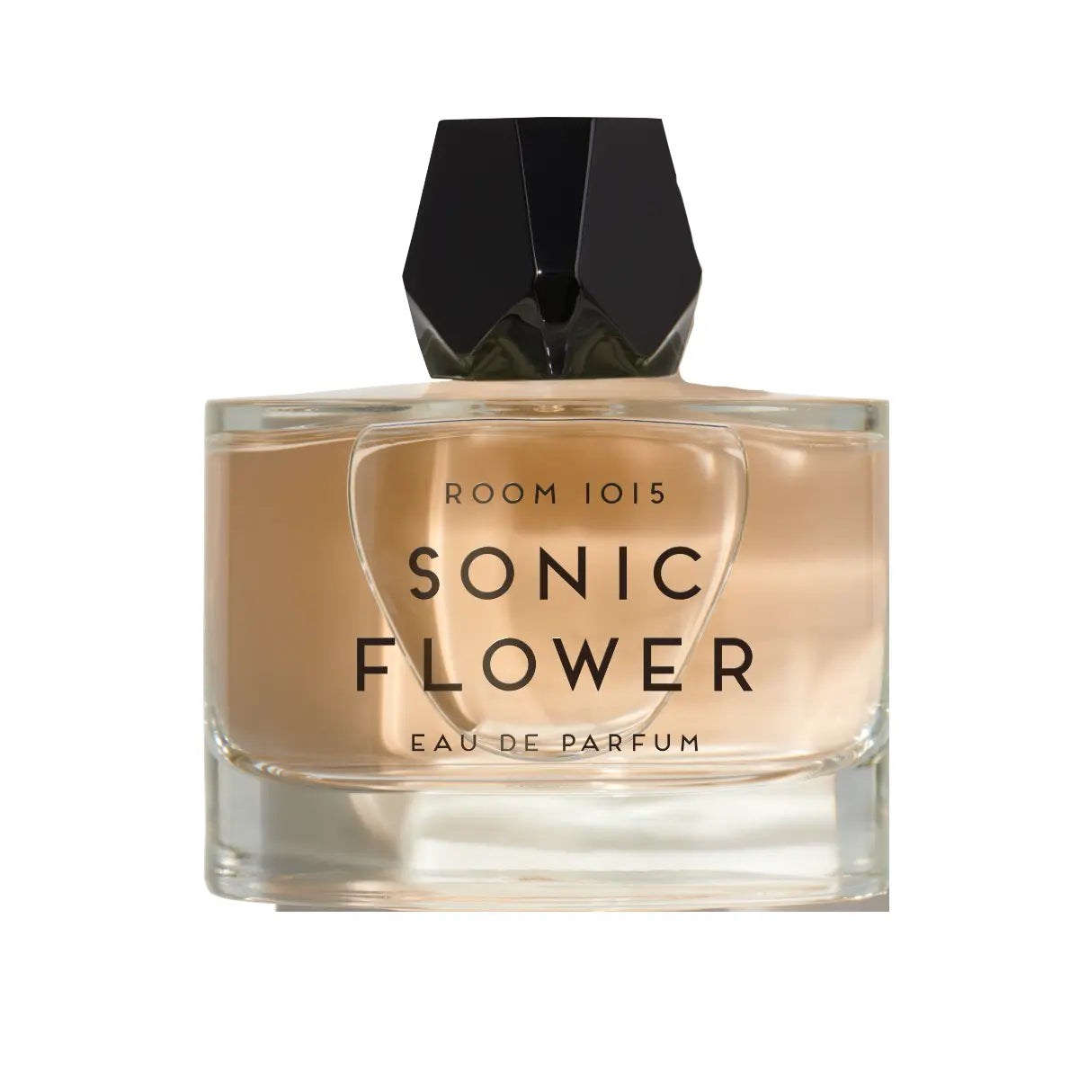 Room 1015 - Sonic Flower Parfumflakon in klarem Glas mit schwarzem, facettiertem Verschluss vor weißem Hintergrund