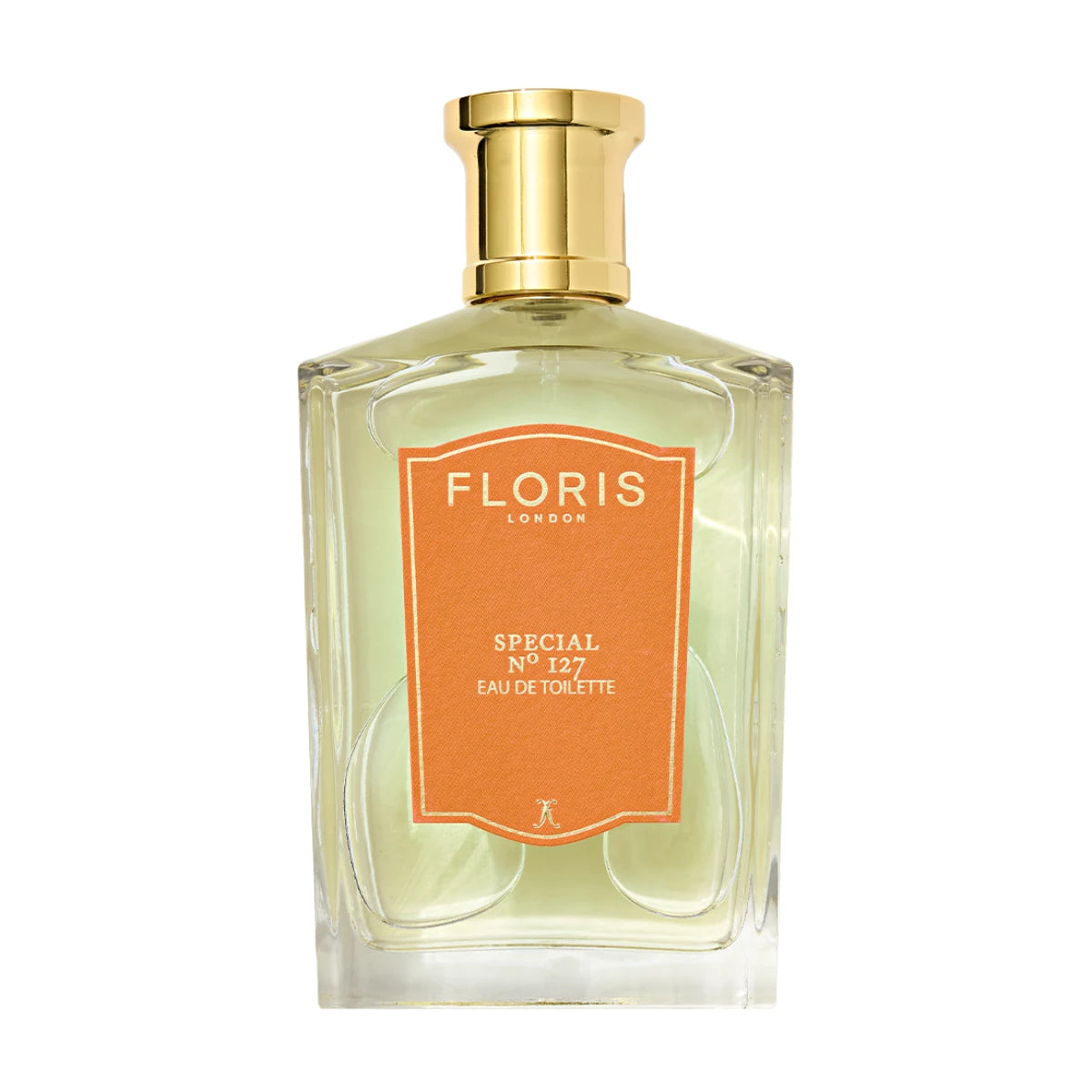 Floris - Special No. 127 klarer Flakon mit orangefarbenem Label und goldfarbenem Verschluss vor weißem Hintergrund