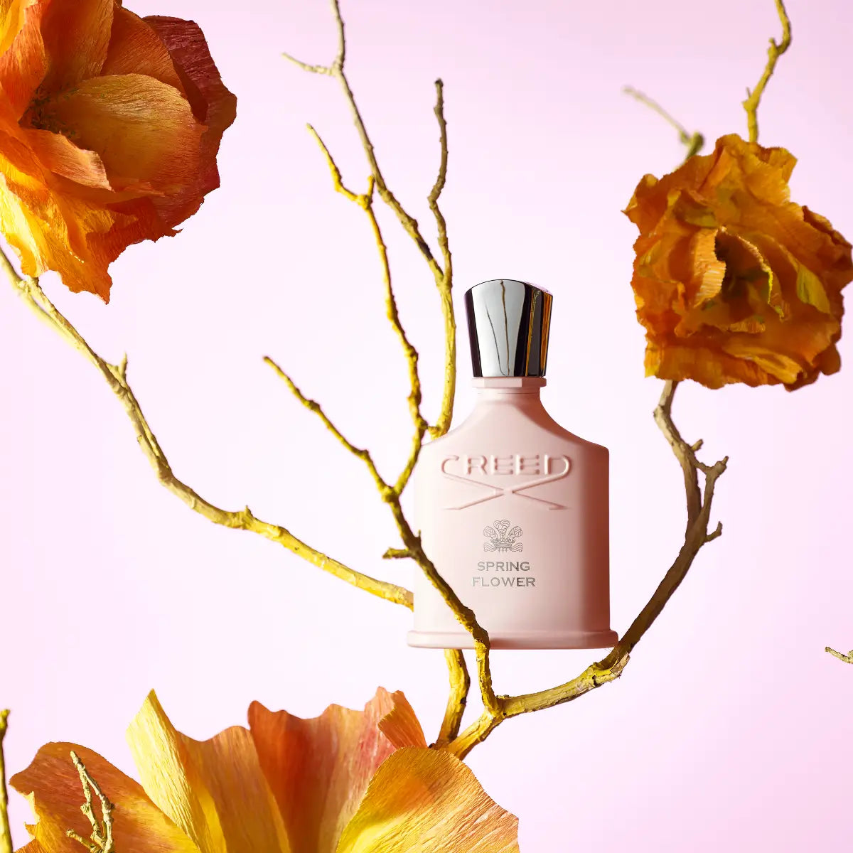 Creed - Spring Flower zartrosafarbener Flakon mit silbernem Verschluss umgeben von getrockneten Blumen auf pastellfarbenem Hintergrund