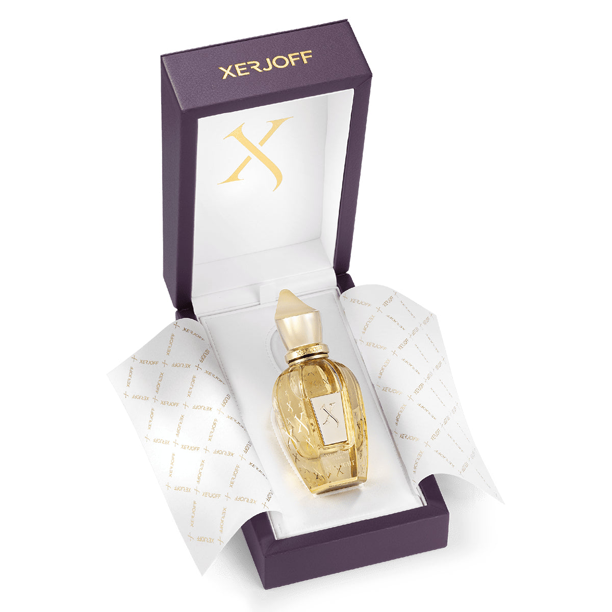 Xerjoff - Spotlight - Starlight eleganter Parfumflakon in goldgelber Optik präsentiert in hochwertiger lila Geschenkbox