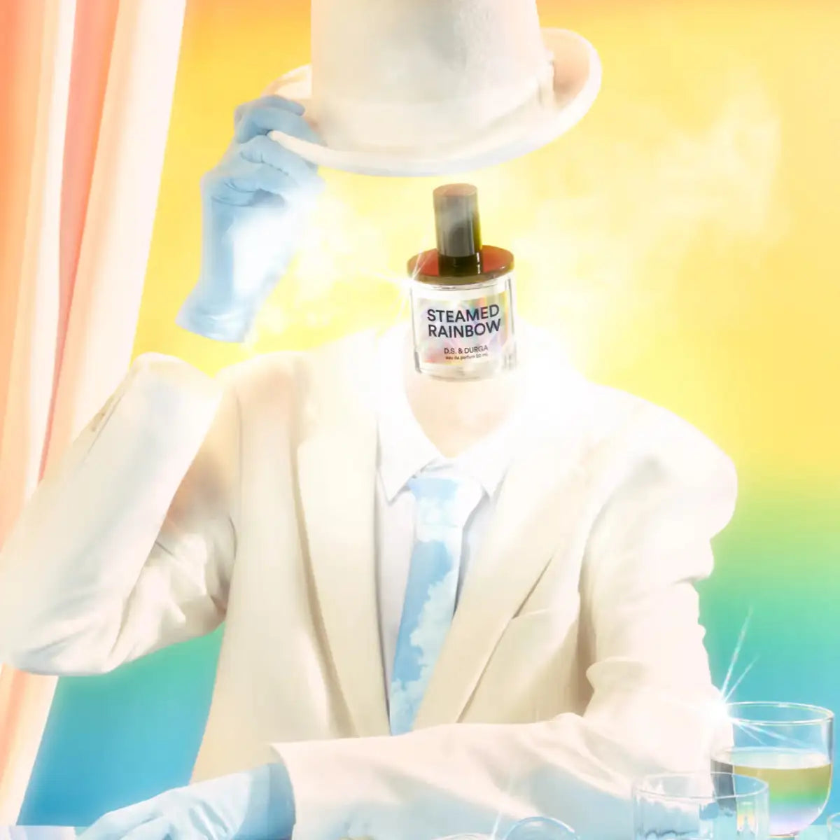 D.S. & Durga - Steamed Rainbow Parfumflakon als surrealer Kopf mit hellem Anzug vor buntem Hintergrund