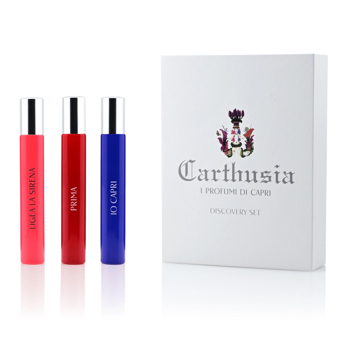 Carthusia - Gli Storici - Discovery Set mit drei eleganten Duftminiaturen in Rot- und Blautönen und stilvoller Verpackung