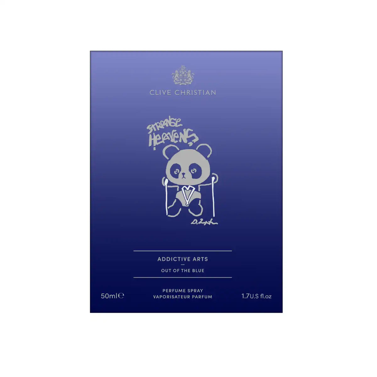 Clive Christian - Addictive Arts: Strange Heavens - Out of the Blue Verpackungsbox mit Pandamotiv in Blau und silberner Schrift
