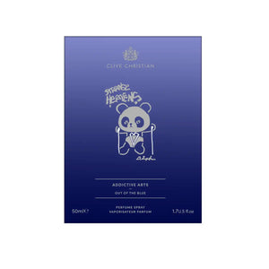 Clive Christian - Addictive Arts: Strange Heavens - Out of the Blue Verpackungsbox mit Pandamotiv in Blau und silberner Schrift
