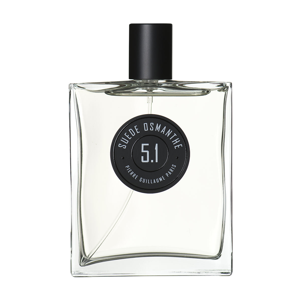 Pierre Guillaume - Suede Osmanthe No.5.1 Parfumflakon mit klarem Glas und schwarzem Verschluss vor weißem Hintergrund