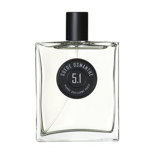 Pierre Guillaume - Suede Osmanthe No.5.1 Parfumflakon mit klarem Glas und schwarzem Verschluss vor weißem Hintergrund