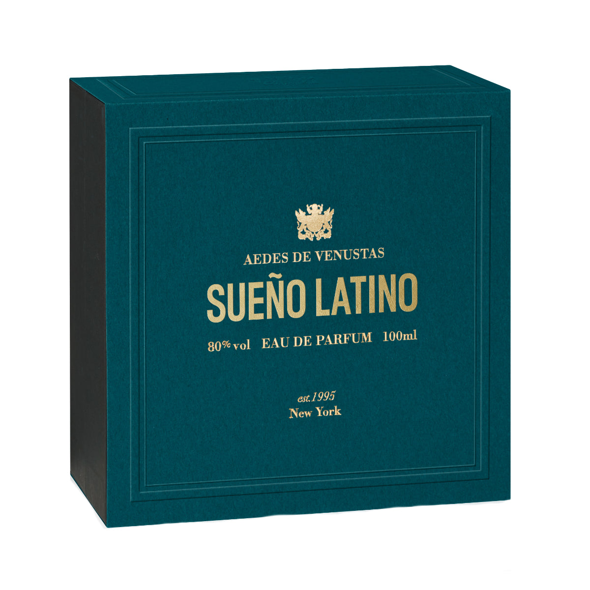 Aedes de Venustas - Sueño Latino elegante dunkelgrüne Verpackung mit goldenem Logo und Schriftzug vor weißem Hintergrund