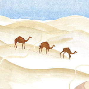 Une Nuit Nomade - Une Nuit a Oman - Sugar Leather zeigt stilisierte Kamele in einer sanften Wüstenlandschaft unter blauem Himmel