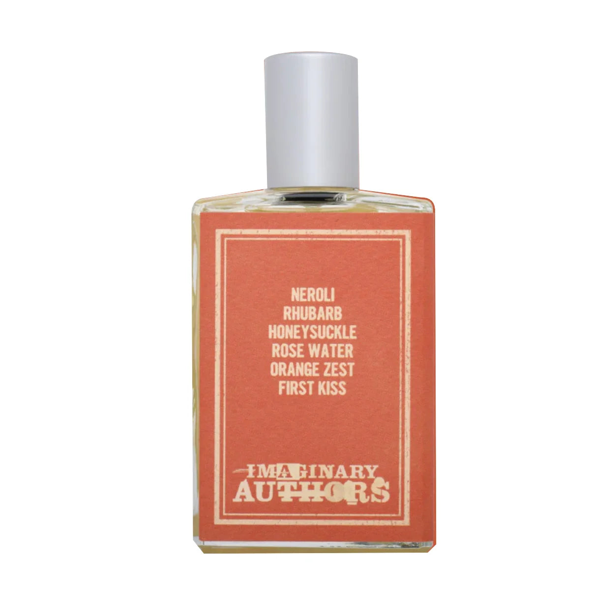 Imaginary Authors - Sundrunk Parfumflakon mit schlichtem orangefarbenem Etikett und silbernem Verschluss vor weißem Hintergrund