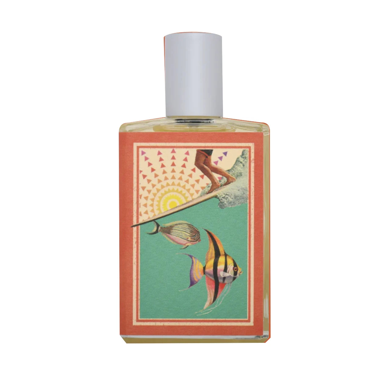 Imaginary Authors - Sundrunk Parfumflakon mit künstlerischem Etikett und weißem Verschluss auf weißem Hintergrund