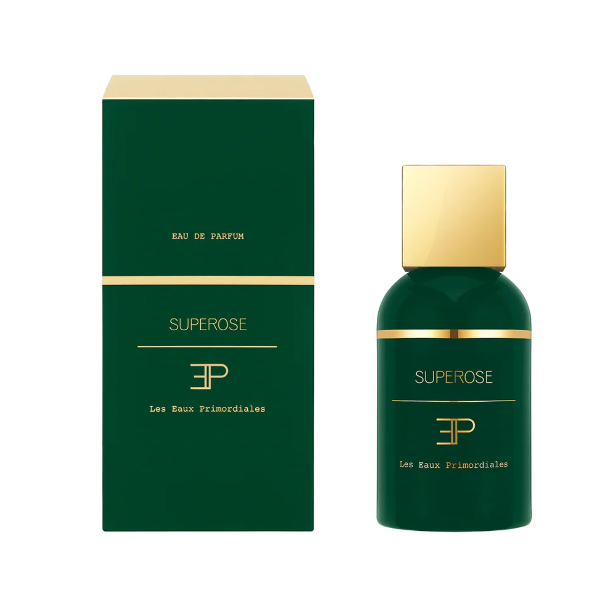 Les Eaux Primordiales - Superose Flakon und Verpackung in dunklem Grün mit goldenen Akzenten elegant präsentiert