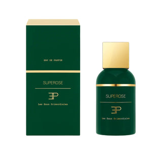 Les Eaux Primordiales - Superose Flakon und Verpackung in dunklem Grün mit goldenen Akzenten elegant präsentiert