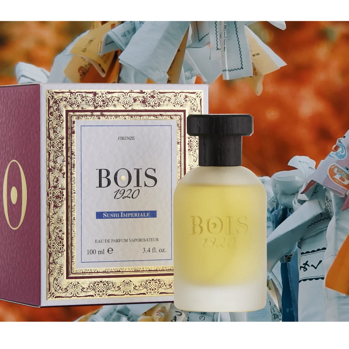 Bois 1920 - Sushi Imperiale Parfumflakon mit mattiertem Glas, schwarzem Deckel und elegantem Verpackungsdesign vor warmem Hintergrund