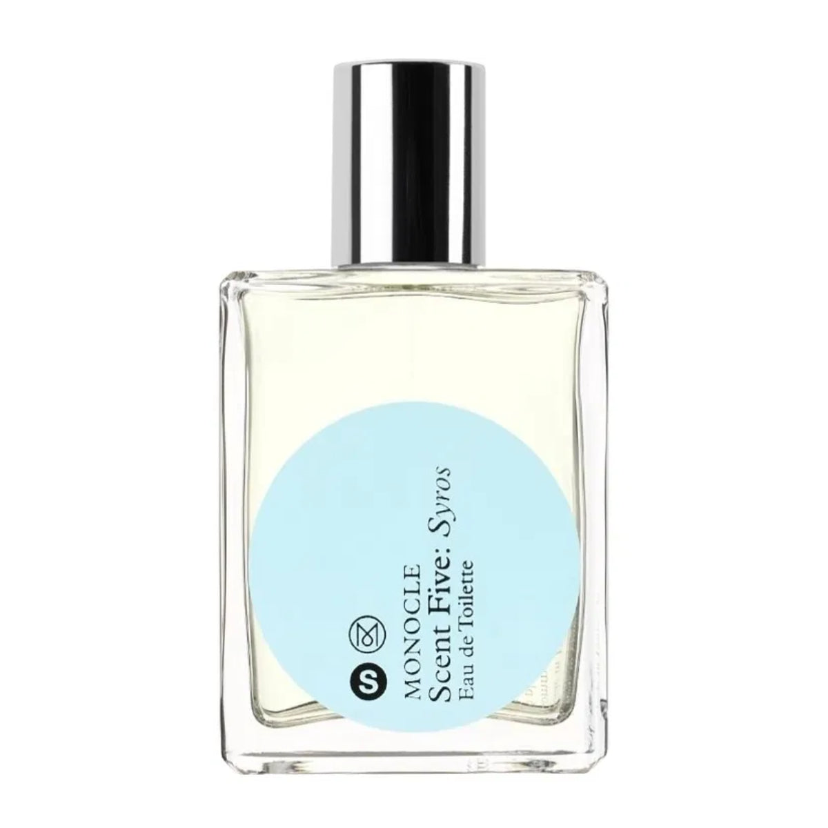 Comme des Garçons - Monocle - Scent Five: Syros Eau de Toilette Flakon mit blauem Etikett vor weißem Hintergrund