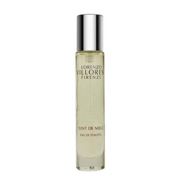 Lorenzo Villoresi Teint de Neige Eau de Toilette in tall clear bottle with silver cap on white background