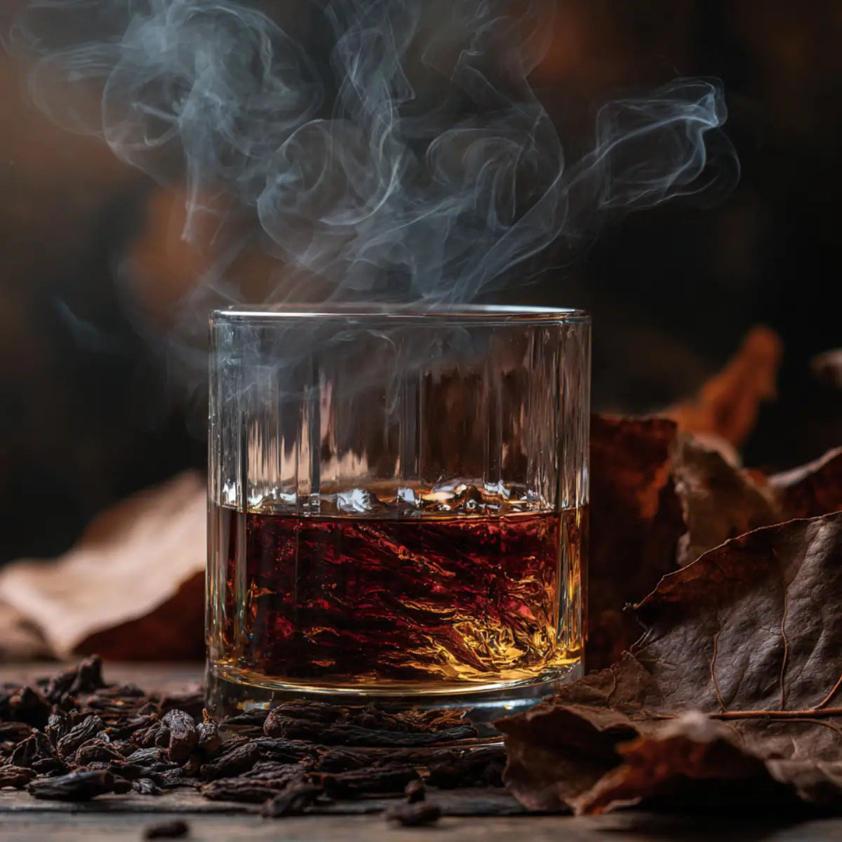 Headspace - Les Extraits - Tabac dampfender Drink in klarem Glas umgeben von getrockneten Gewürzen und Blättern