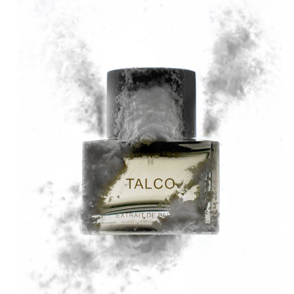 New Notes - Contemporary Blend Collection - Talco Parfumflakon mit weißem Puderdesign vor hellem Hintergrund