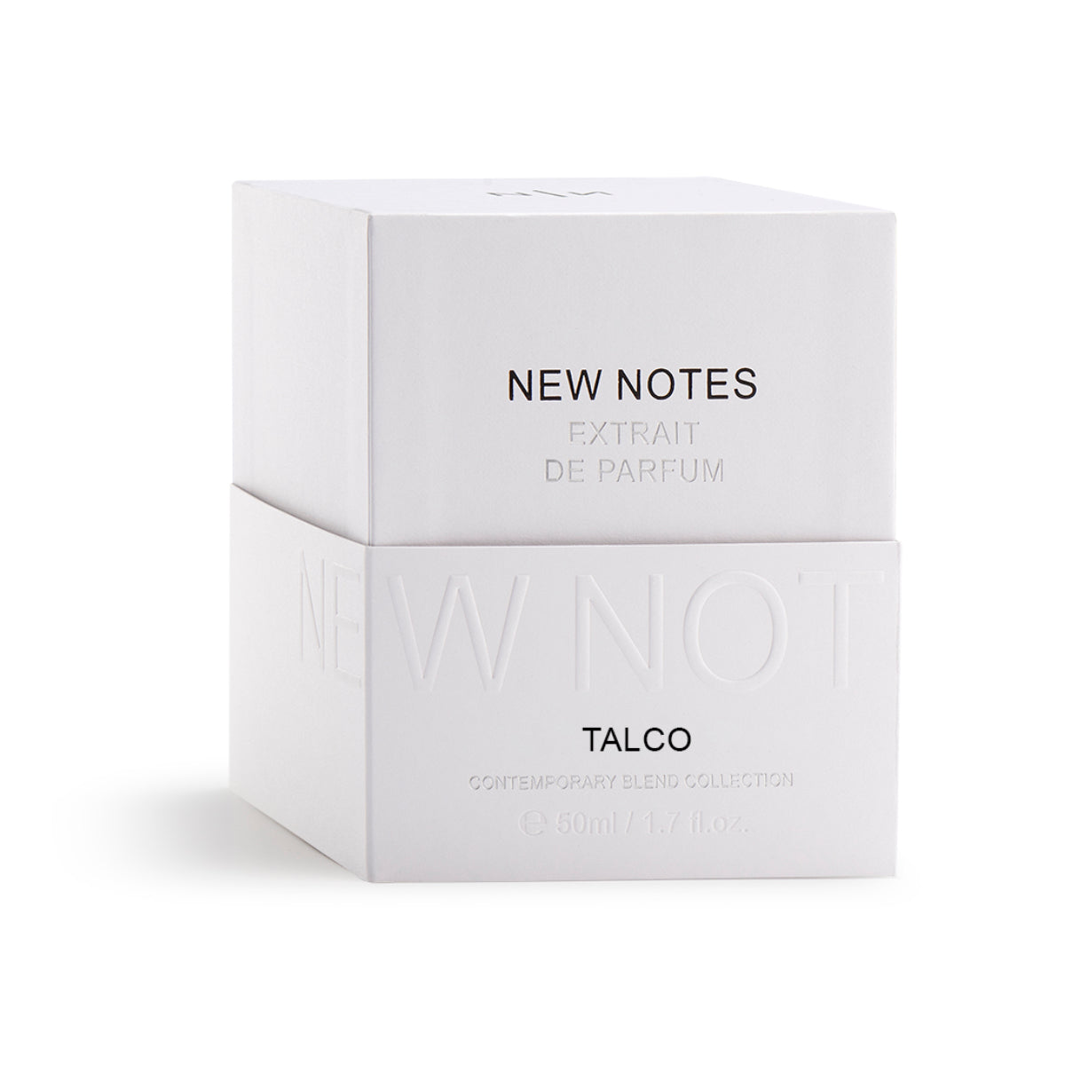 New Notes - Contemporary Blend Collection - Talco weiße minimalistische Verpackung mit feiner Prägung vor hellem Hintergrund