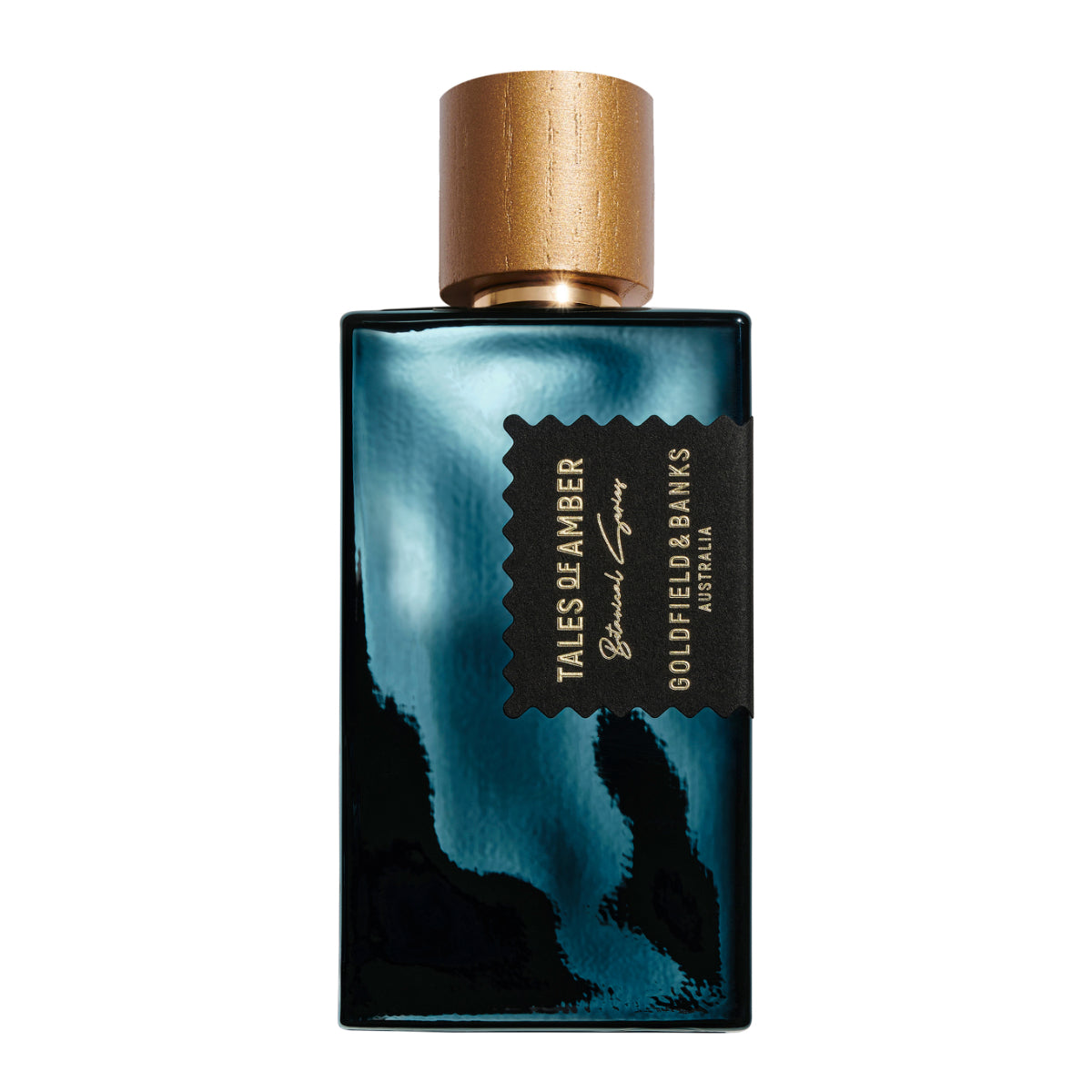 Goldfield & Banks - Tales of Amber eleganter Parfumflakon mit dunkelgrünem Glas und goldfarbenem Verschluss vor weißem Hintergrund
