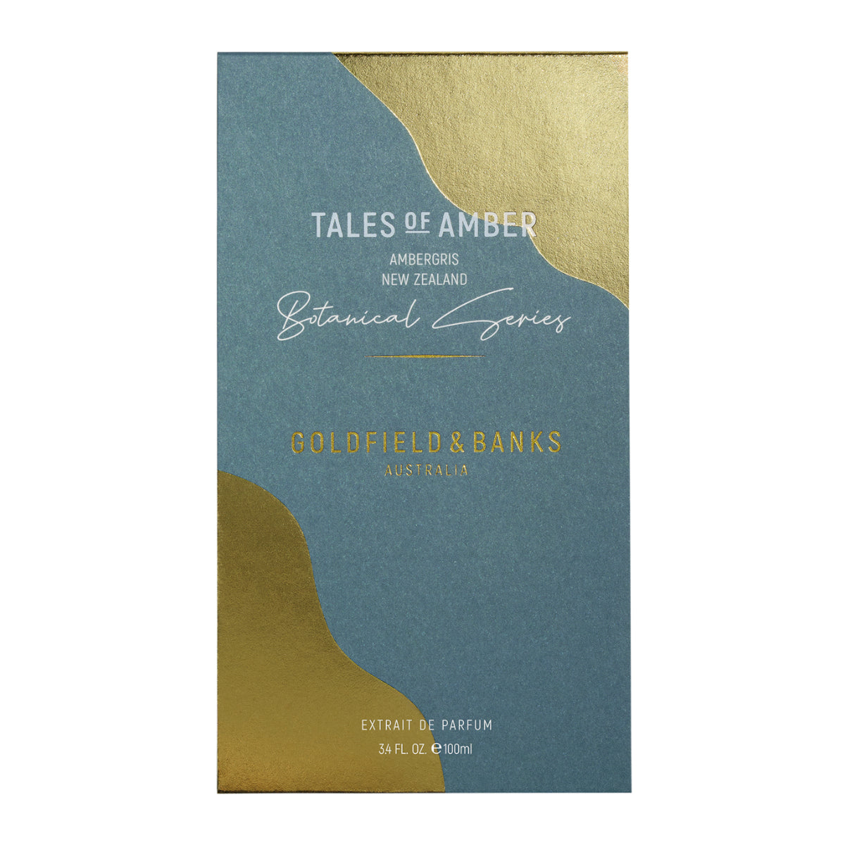 Goldfield & Banks - Tales of Amber elegante Verpackung mit goldenen Akzenten und modernem Schriftzug in Blau und Weiß