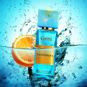 Gritti - Smaragd Collection - Tangerina Parfumflakon in türkis mit goldfarbenem Etikett und spritzendem Wasser