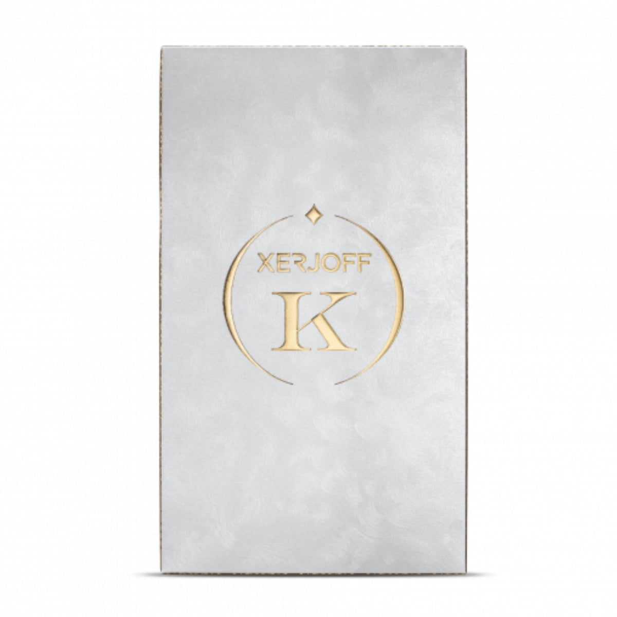 Xerjoff - K Collection - Tempest zeigt elegante Verpackung mit goldenem Logo auf samtweichem hellgrauem Hintergrund