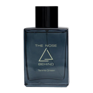The Nose Behind - Tennis Green Parfumflakon in dunklem Glas mit modernem Design und schwarzem Verschluss vor weißem Hintergrund