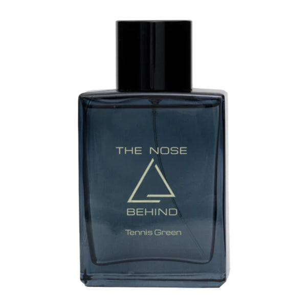 The Nose Behind - Tennis Green Parfumflakon in dunklem Glas mit modernem Design und schwarzem Verschluss vor weißem Hintergrund