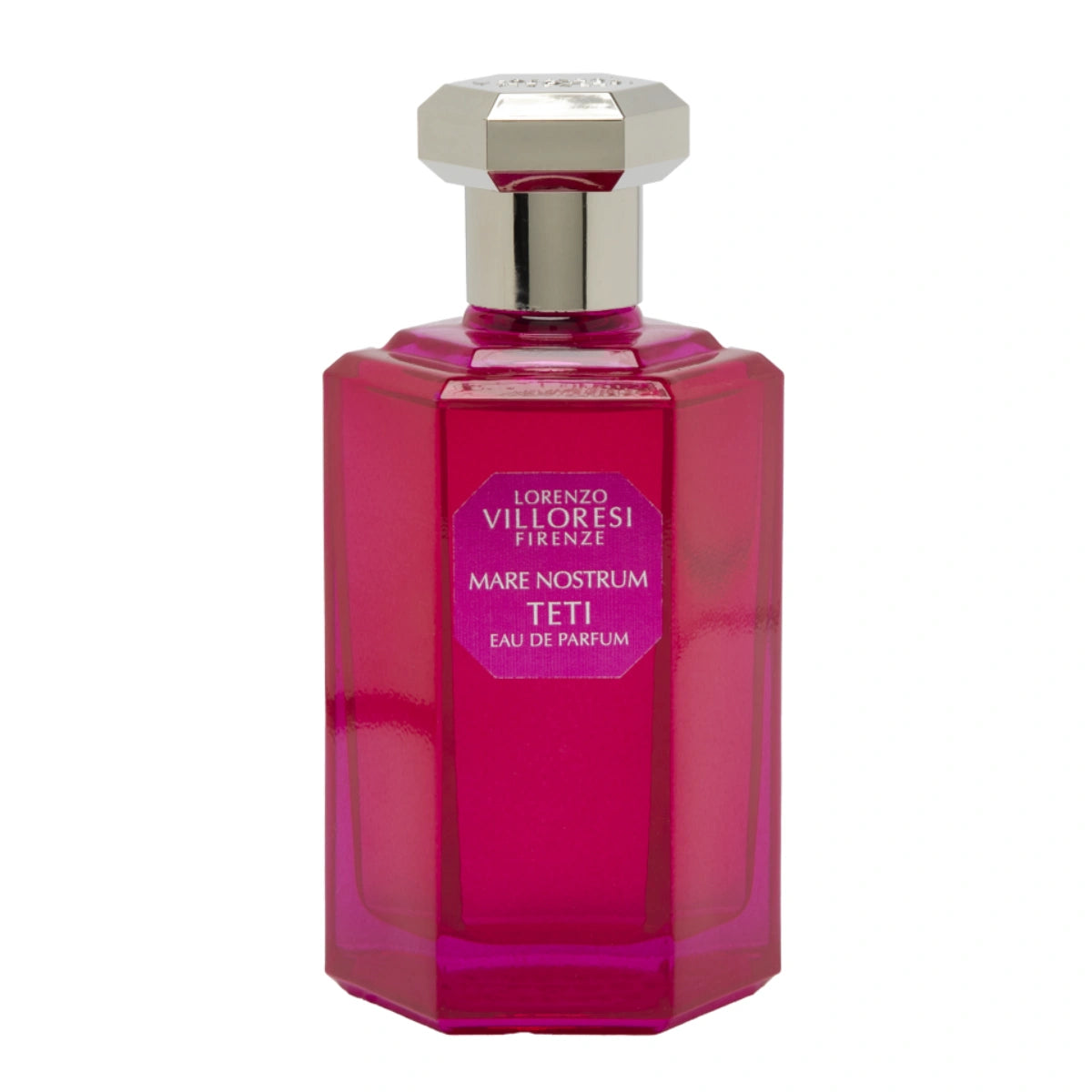 Lorenzo Villoresi - Mare Nostrum - Teti - Eau de Parfum Flakon in leuchtendem Pink mit silbernem Verschluss vor weißem Hintergrund