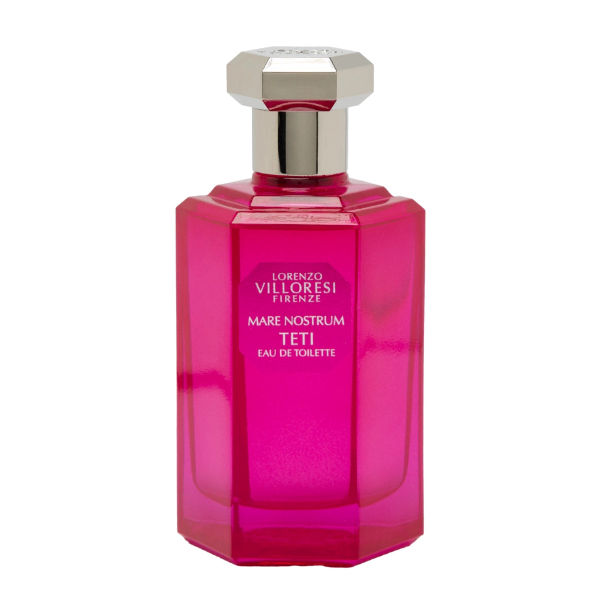 Lorenzo Villoresi - Mare Nostrum - Teti - Eau de Toilette Flakon in kräftigem Pink mit silbernem Verschluss vor weißem Hintergrund