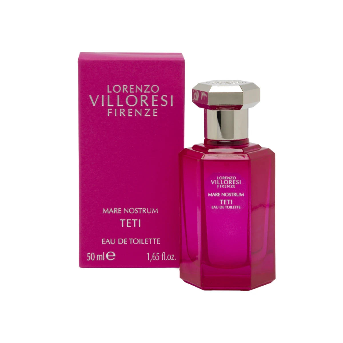 Lorenzo Villoresi - Mare Nostrum - Teti - Eau de Toilette Flakon und Verpackung in leuchtendem Pink mit silbernem Verschluss