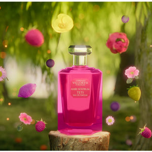 Lorenzo Villoresi - Mare Nostrum - Teti - Eau de Parfum Flakon in kräftigem Pink vor grünem Hintergrund mit schwebenden Blüten und Beeren