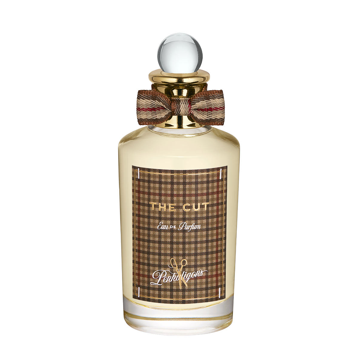 Penhaligon's - British Tales - The Cut Parfumflakon mit Schottenmuster und eleganter Schleife vor weißem Hintergrund