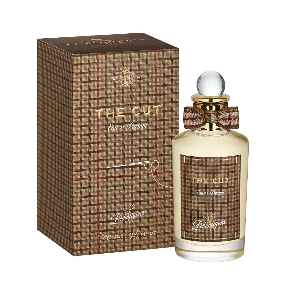 Penhaligon's - British Tales - The Cut Parfumflakon mit kariertem Muster und eleganter Schleife vor weißem Hintergrund