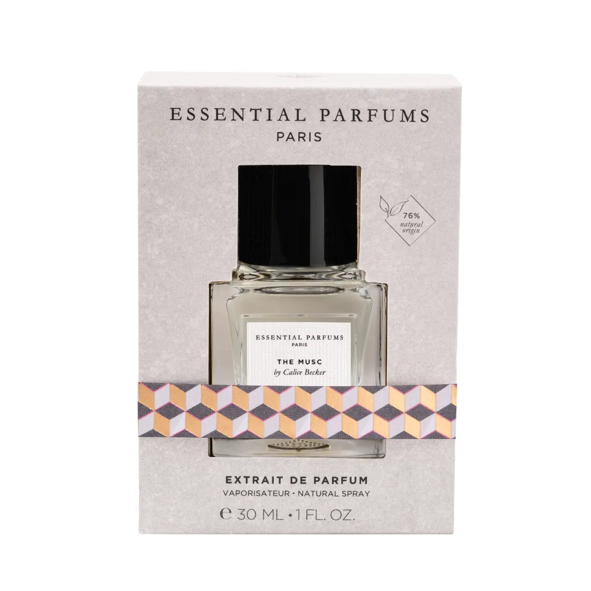 Essential Parfums - The Musc - Extrait de Parfum zeigt Flakon in dekorativer Box mit geometrischem Muster und schwarzem Deckel