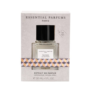 Essential Parfums - The Musc - Extrait de Parfum zeigt Flakon in dekorativer Box mit geometrischem Muster und schwarzem Deckel