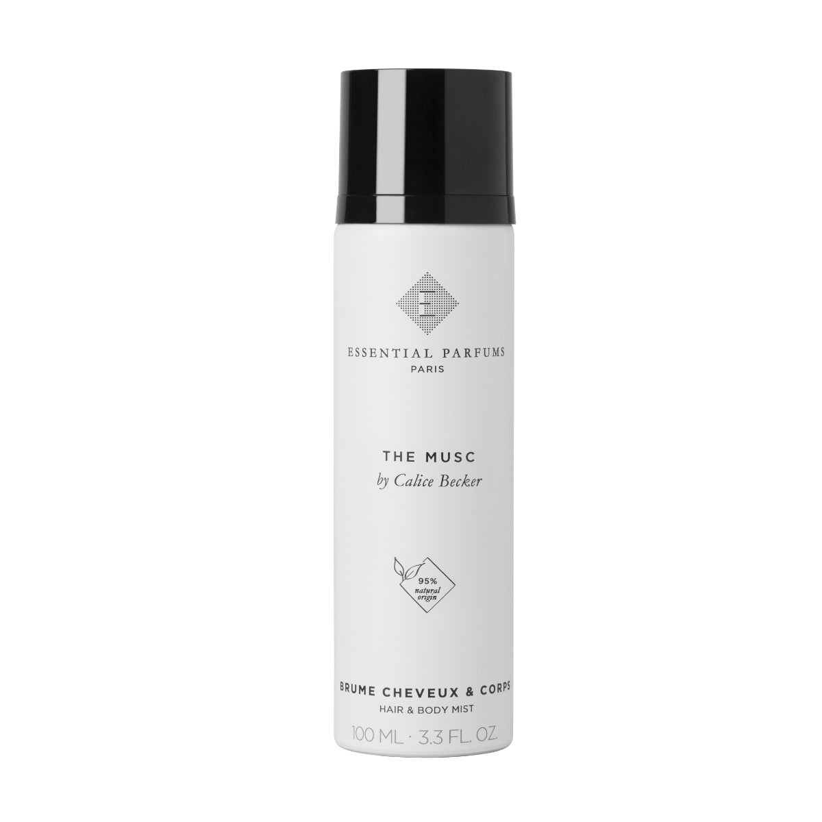 Essential Parfums - The Musc - Hair & Body Mist weiße Sprayflasche mit schwarzem Deckel auf weißem Hintergrund