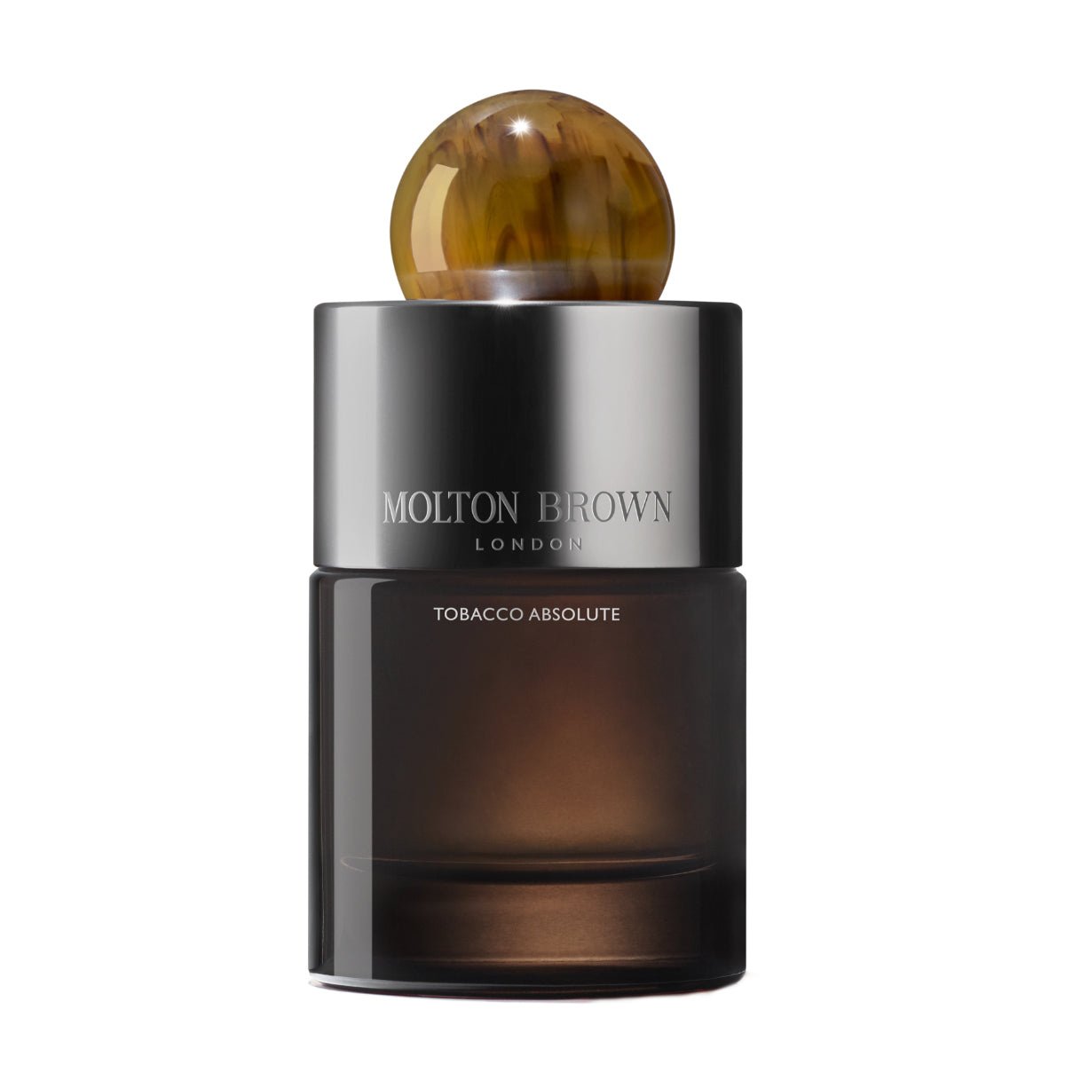 Molton Brown - Tobacco Absolute Parfumflakon mit dunklem Glas und bernsteinfarbenem kugelförmigem Verschluss vor weißem Hintergrund