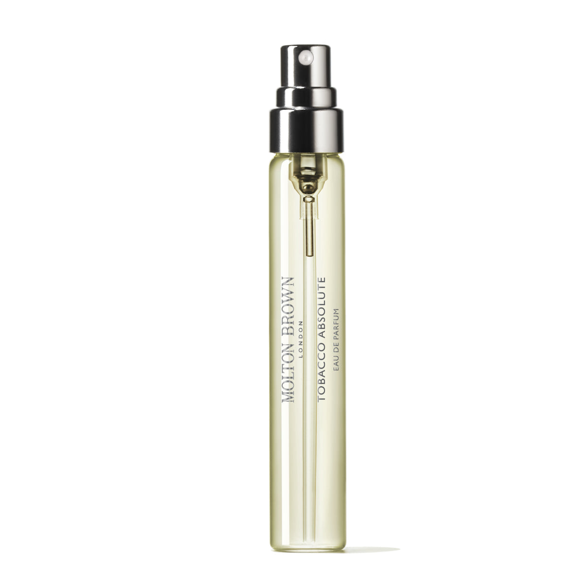Molton Brown - Tobacco Absolute feiner Reisezerstäuber mit transparentem Flakon und silbernem Sprühkopf vor weißem Hintergrund