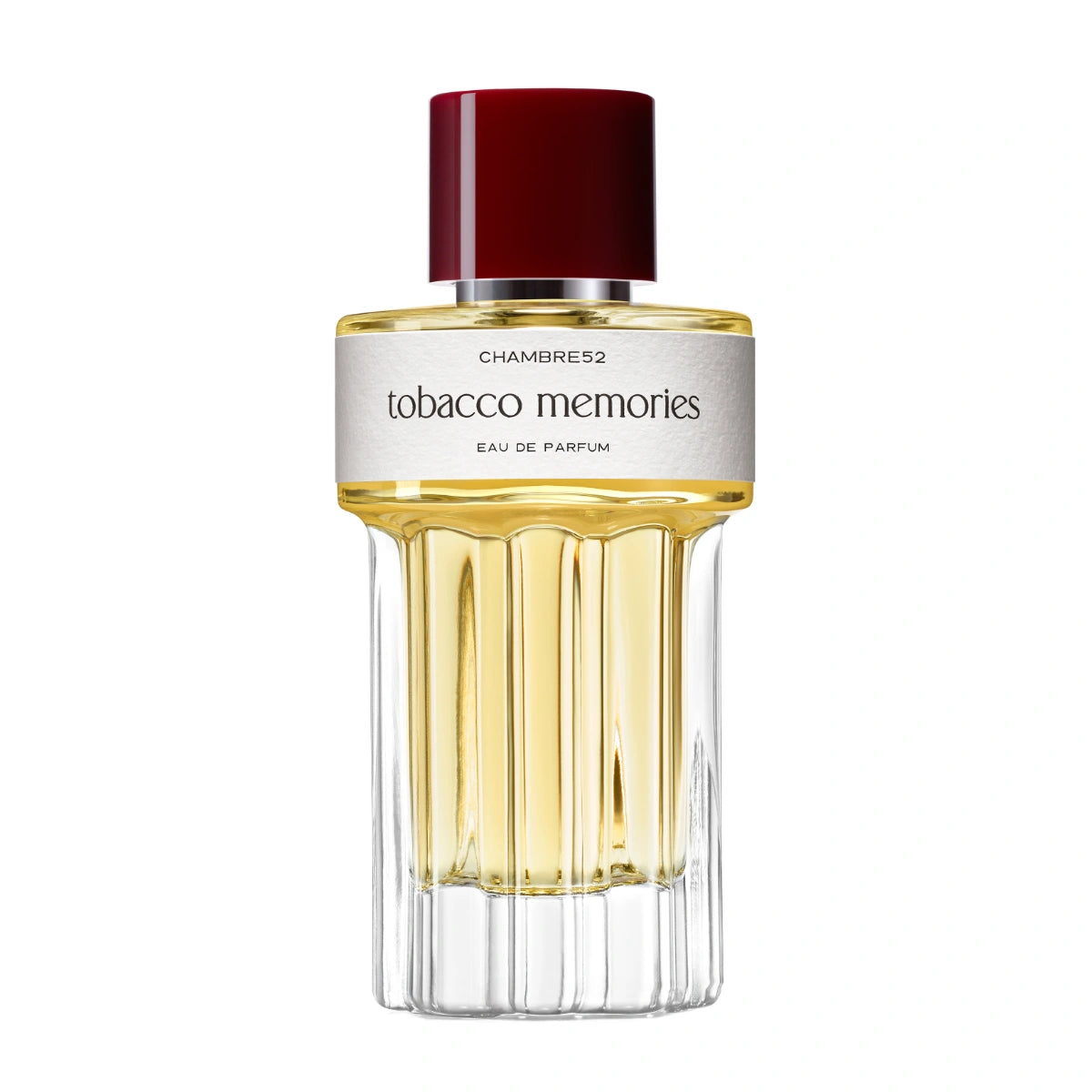 Chambre52 - Tobacco Memories zeigt klaren Flakon mit goldgelbem Parfum und dunkelrotem Deckel vor weißem Hintergrund
