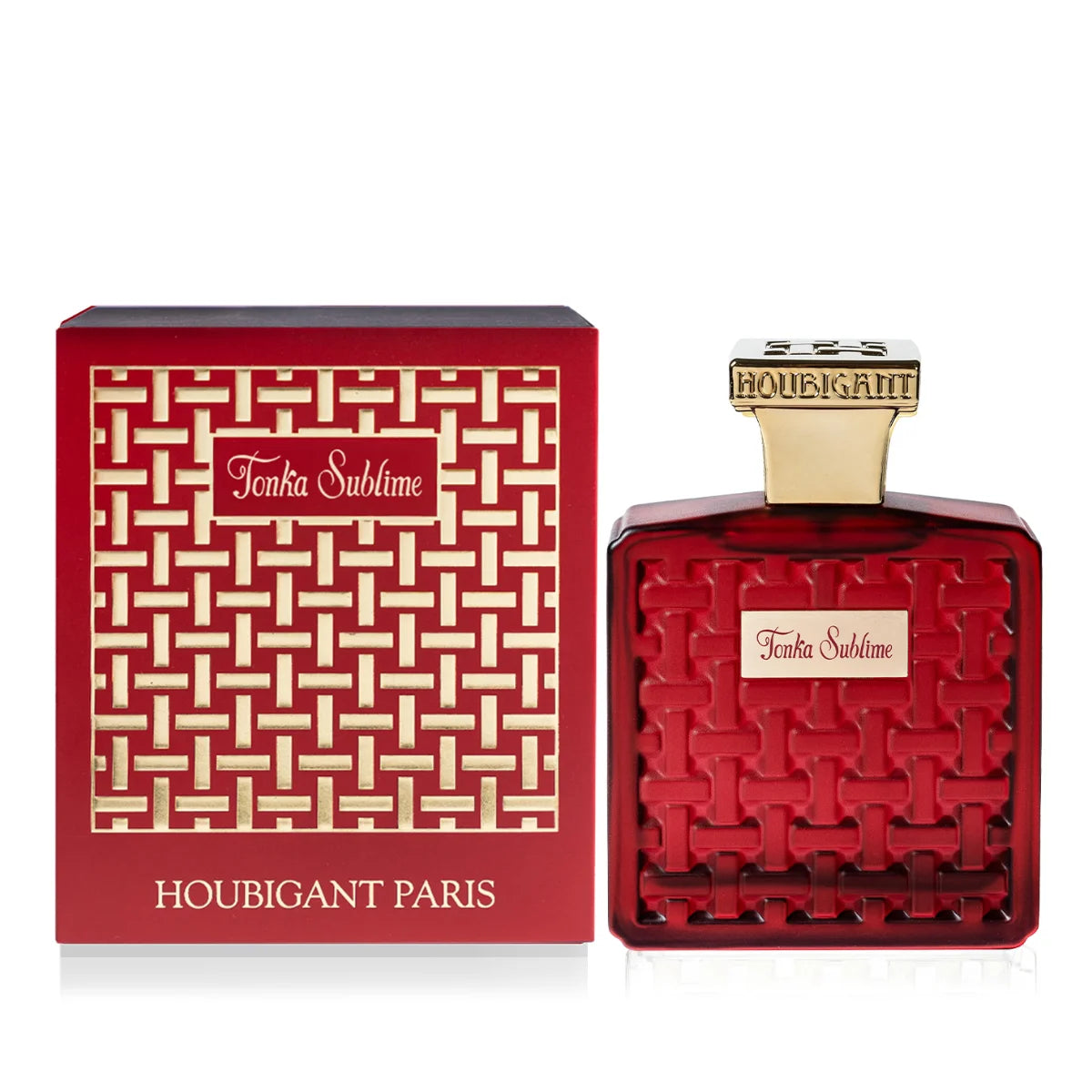 Houbigant - Collection les Ambres - Tonka Sublime Flakon mit rotem, strukturiertem Design und goldfarbenem Verschluss neben passender Verpackung
