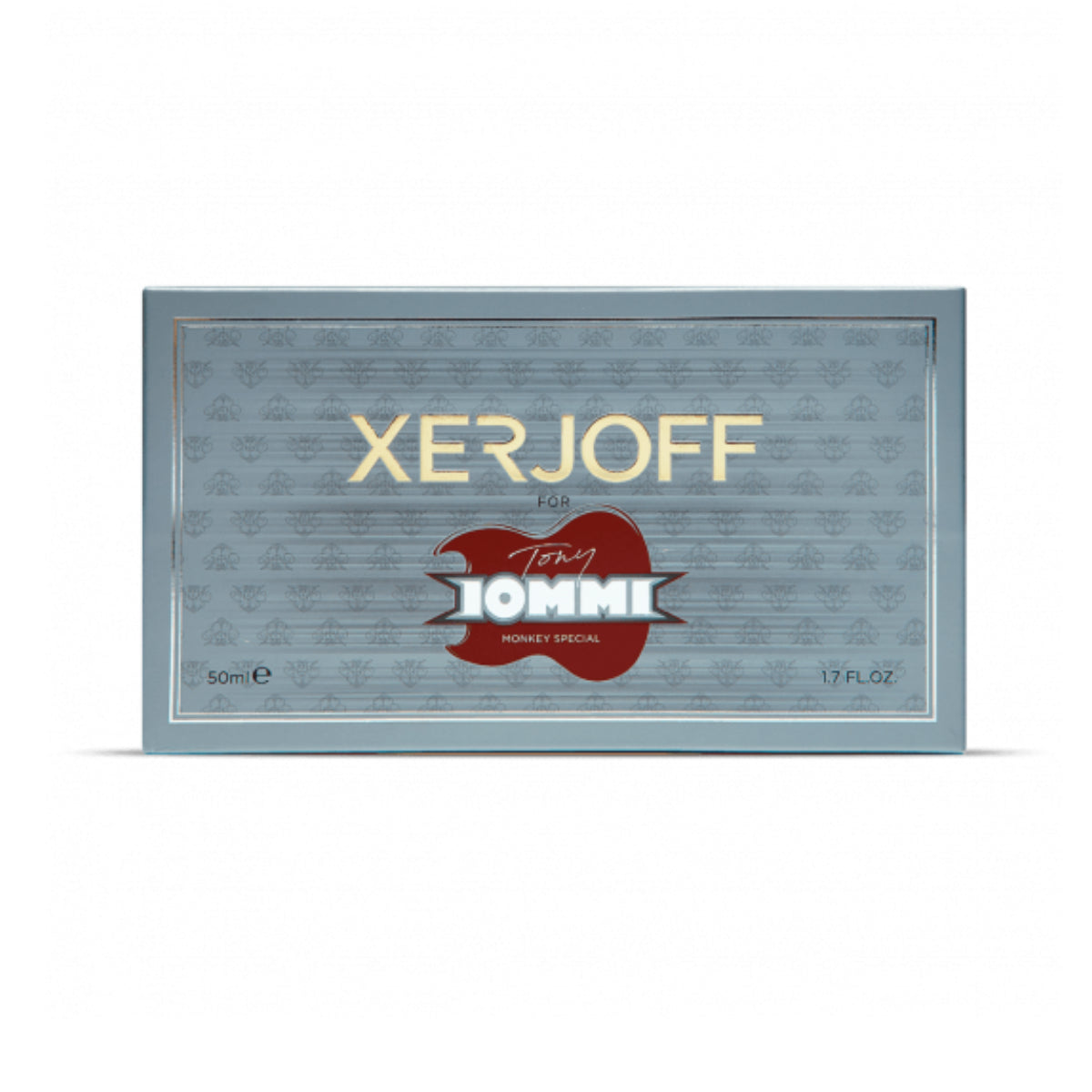 Xerjoff - Blends - Tony Iommi Verpackung in Grau mit goldenem Schriftzug und rotem Logo vor weißem Hintergrund