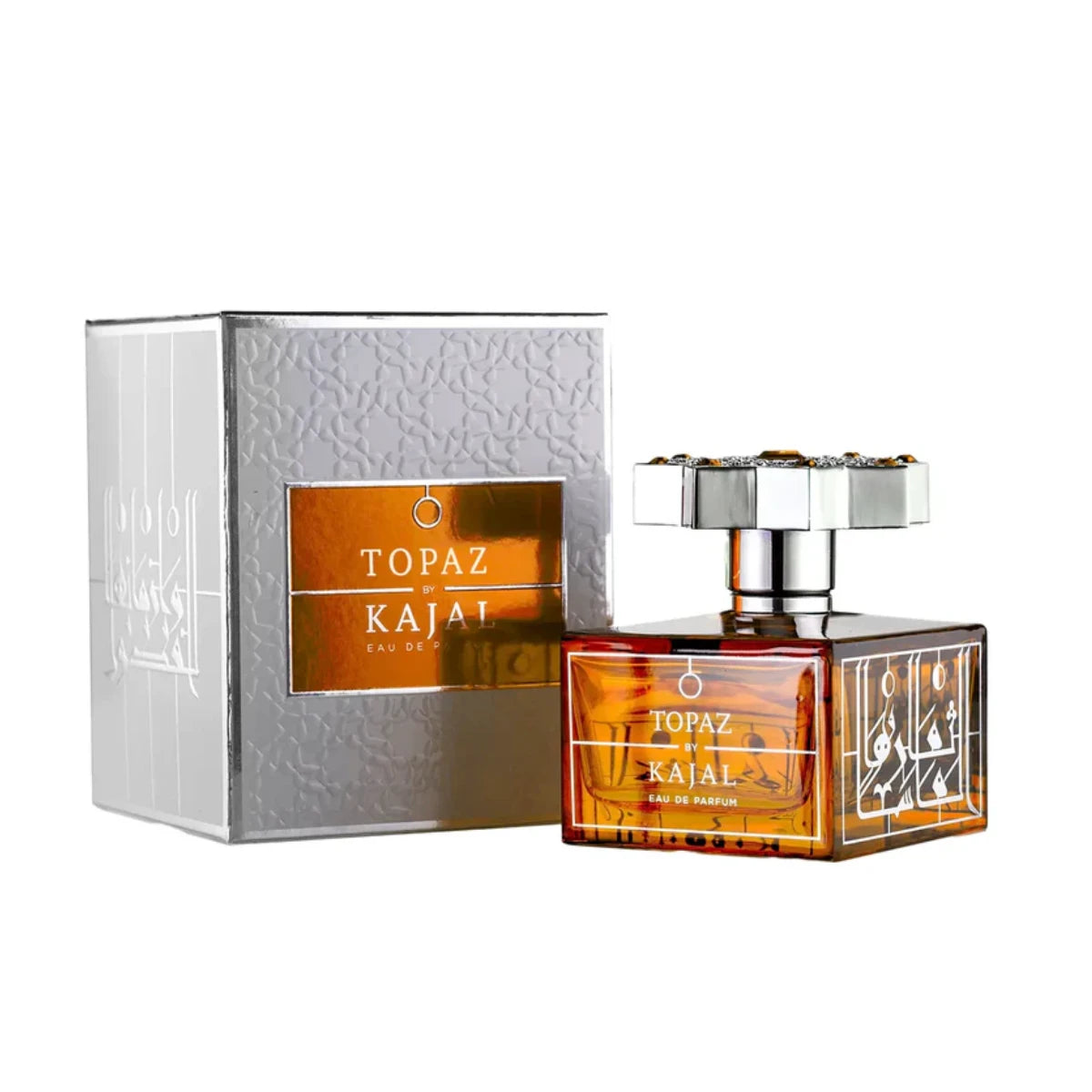 Kajal - Topaz Parfümflakon in bernsteinfarbenem Glas mit silbernem, dekorativem Verschluss und eleganter Verpackung