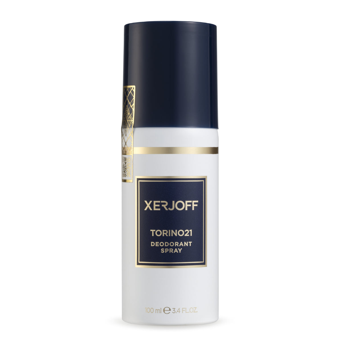 Xerjoff - Torino 21 - Deodorant mit elegantem weißem Behälter und dunkelblau-goldenem Etikett vor weißem Hintergrund