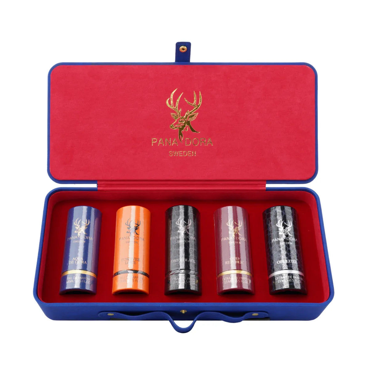 Pana Dora Sweden - Travel Set - Blue luxuriöses blau-rotes Etui mit fünf verschiedenfarbigen Parfumflakons elegant präsentiert